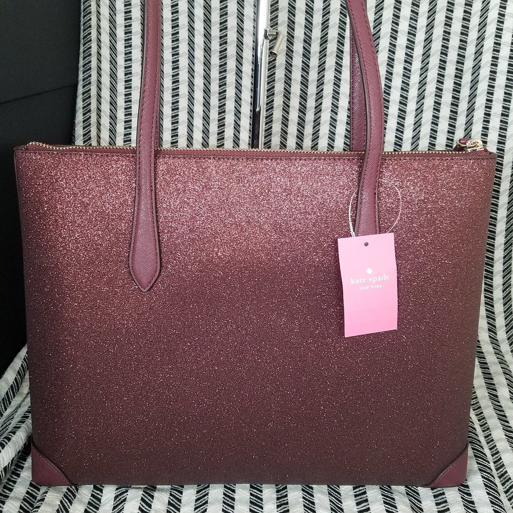 MAKE AN OFFER kate spade glittery glitter shimmy sparkle nova red tote new - Picture 2 of 6